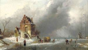 Skaters on a frozen Dutch waterway by Charles Henri Leickert