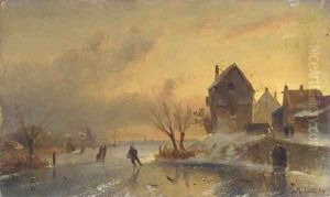 Skaters on a frozen river at dusk by Charles Henri Leickert