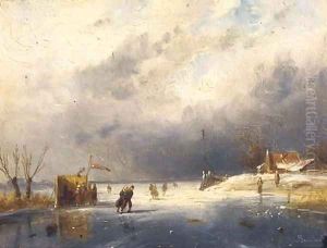 Skaters on the ice by a koek en zopie by Charles Henri Leickert