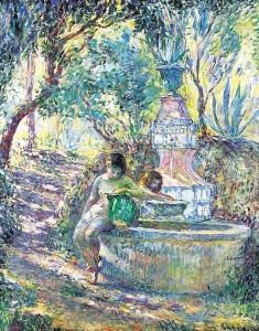 Saint-Tropez, deux jeunes filles a la fontaine by Henri Lebasque