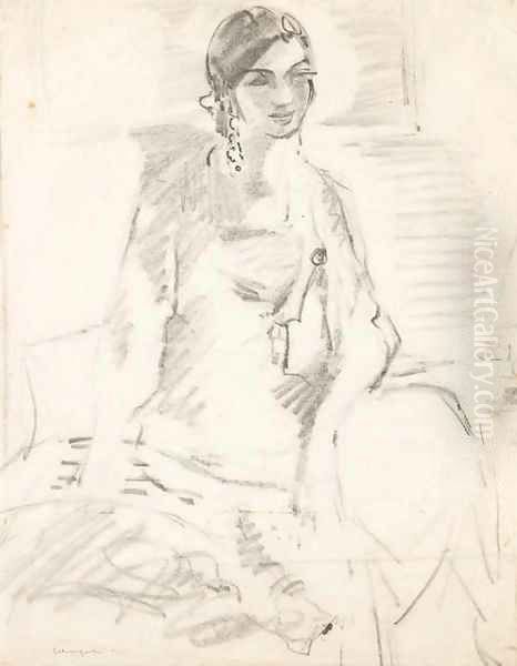 A seated woman with long earrings - view 1