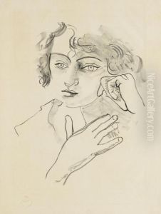 Tete De Femme Aux Yeux Clairs De Face Avec Les Deux Mains. by Andre Derain