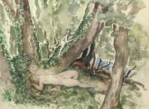 Nude in a forest with satyr
