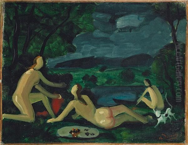 Trois Nus Et Chien Dans Un Paysage - view 1