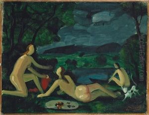 Trois Nus Et Chien Dans Un Paysage by Andre Derain