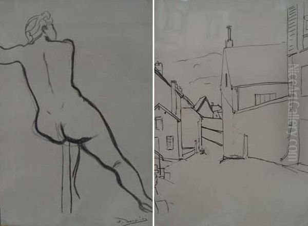 Dessin Double Face : Nu Feminin Et Ruelle De Village - view 1