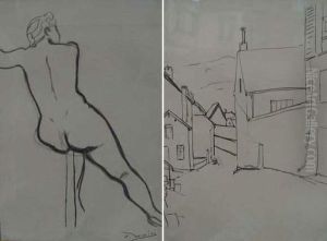 Dessin Double Face : Nu Feminin Et Ruelle De Village
