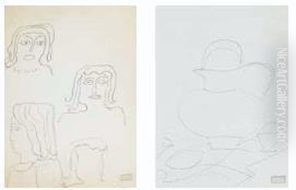Sketch Of Women's Heads; Pitcher And Egg Cup - view 1