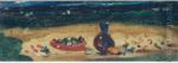 Pichet Et Corbeille De Fruits Sur Une Nappe - view 1