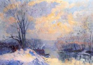 The Small Branch of the Seine at Bas Meudon, Snow and Sunlight by Albert Lebourg
