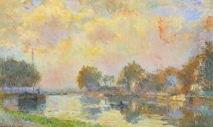 The Banks of the Canal at Charenton, Sunny Autumn Afternoon by Albert Lebourg