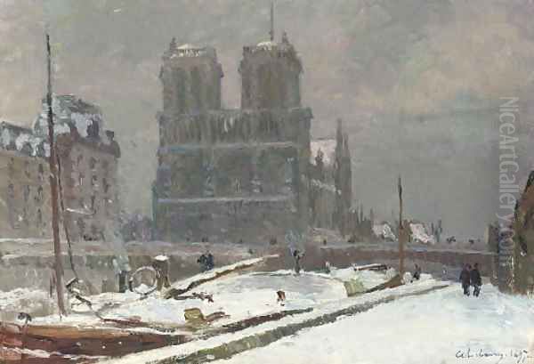 Notre-Dame de Paris, vue prise du quai Saint-Michel, en hiver, par temps de neige - view 1