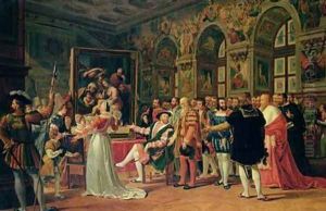 Francis I 1494-1547 Receiving a painting of the Holy Family by Raphael by Anicet-Charles-Gabriel Lemonnier