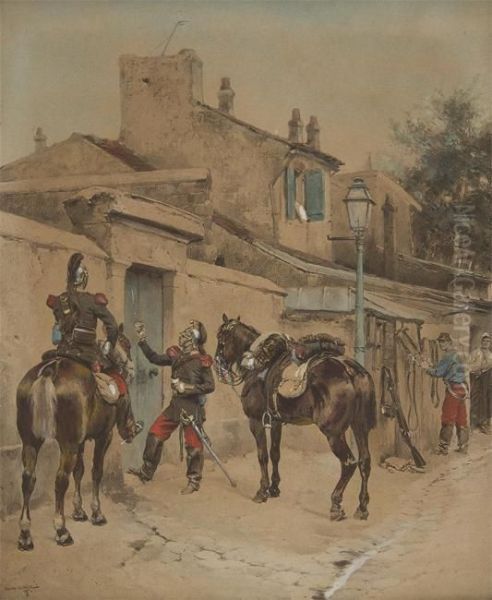 Officiers De Cavalerie Sonnant A La Porte - view 1