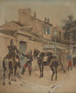 Officiers De Cavalerie Sonnant A La Porte by Jean Baptiste Edouard Detaille