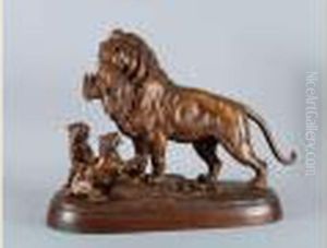 Lion Portant Un Lievre A Ses Petits by Jean Baptiste Edouard Detaille