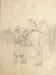 Des Cavaliers, Dont L'un Ajustant Sa Selle by Jean Baptiste Edouard Detaille