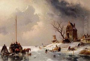 Figures Loading A Horse-Drawn Cart On The Ice by Charles Henri Leickert