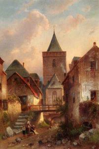 View In A German Village With Washerwomen