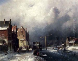 Figures In A Dutch Town By A Frozen Canal by Charles Henri Leickert