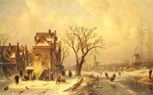 Skaters in a Frozen Winter Landscape by Charles Henri Leickert