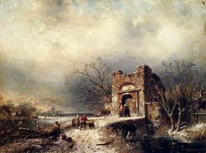 Villagers On A Frozen Path by Charles Henri Leickert