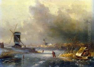 Winter Landscape with Skaters on a Frozen River by Charles Henri Leickert
