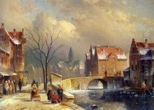 Winter Villagers on a Snowy Street by a Canal by Charles Henri Leickert