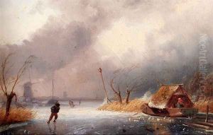 A Winter Landscape With Skaters On A Frozen Waterway by Charles Henri Leickert