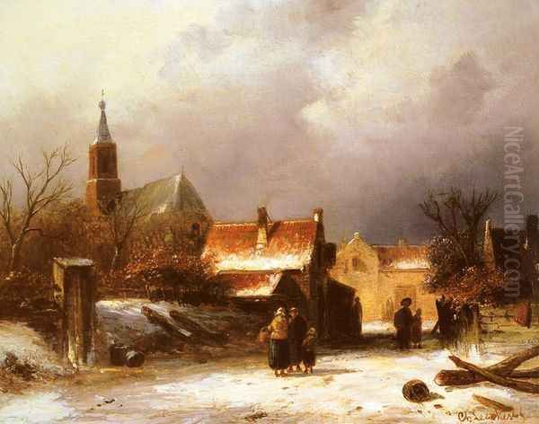 Figures on a Snow Covered Path with a Dutch Town beyond - view 1