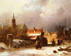 Figures on a Snow Covered Path with a Dutch Town beyond by Charles Henri Leickert
