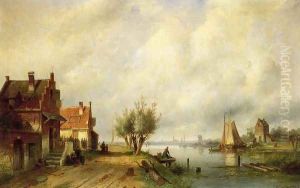 A River Landscape in Summer with Peasants Conversing by Old Houses along a Road, Moored Shipping