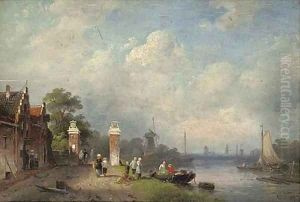 Figures at the edge of a Dutch canal by Charles Henri Leickert