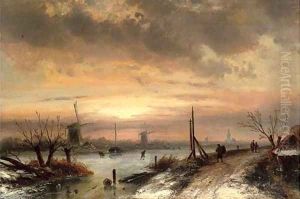 Figures at a frozen Dutch waterway, dusk by Charles Henri Leickert