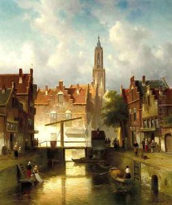 Figures on a quay in a town