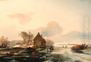 A winter landscape with skaters on a lake