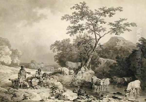 Figures by a stream with cattle watering - view 1