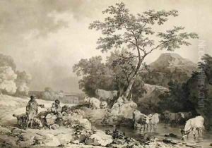 Figures by a stream with cattle watering by Philip Jacques de Loutherbourg