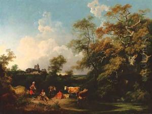 A wooded river landscape with a milkmaid, herdsman and cattle, a church beyond