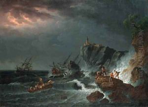 A rocky Coast in a Storm with a shipwrecked Sailing Boat and Fishermen casting a Rope to a Rowing Boat in Peril