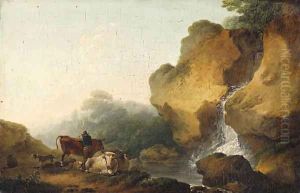 A rocky Landscape with Herdsmen resting before a Waterfall by Philip Jacques de Loutherbourg