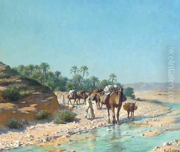 A camel train crossing a stream - view 1