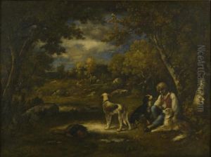 Boy With His Dogs In A Wood