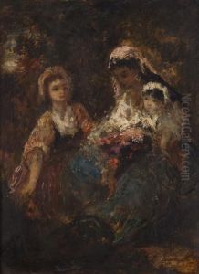 A Family Group by Narcisse-Virgile D Az De La Pena