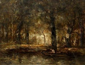Woodland River With Figure In A Punt by Narcisse-Virgile D Az De La Pena