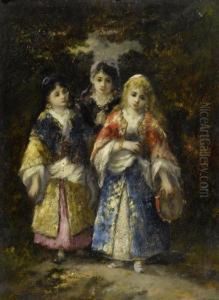Three Girls In The Forest by Narcisse-Virgile D Az De La Pena