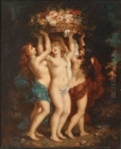 Les Trois Nymphes Au Panier Fleuri by Narcisse-Virgile D Az De La Pena