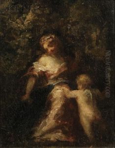 Woman With Cupid In A Woodland Clearing