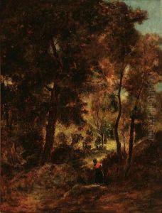 Barbizon Landscape With Peasant Gathering Wood by Narcisse-Virgile D Az De La Pena