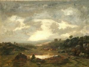 Cattle Resting On A Hillside Beneath Cloudy Skies by Narcisse-Virgile D Az De La Pena